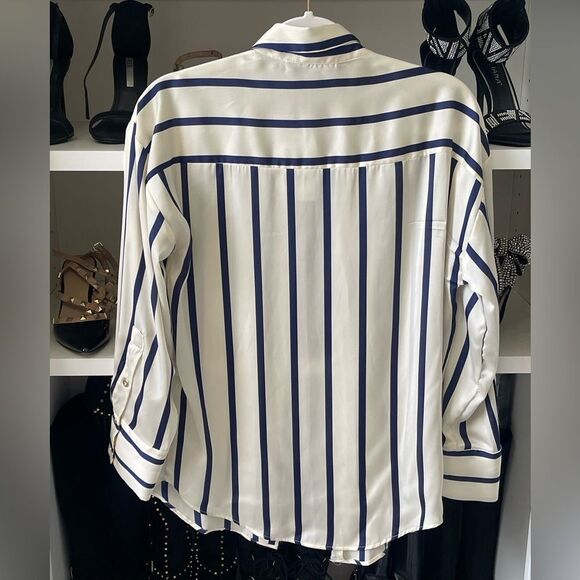 NWT Satin Effect Shirt ~ Navy Blue and Ivory Striped - Picture 13 of 14